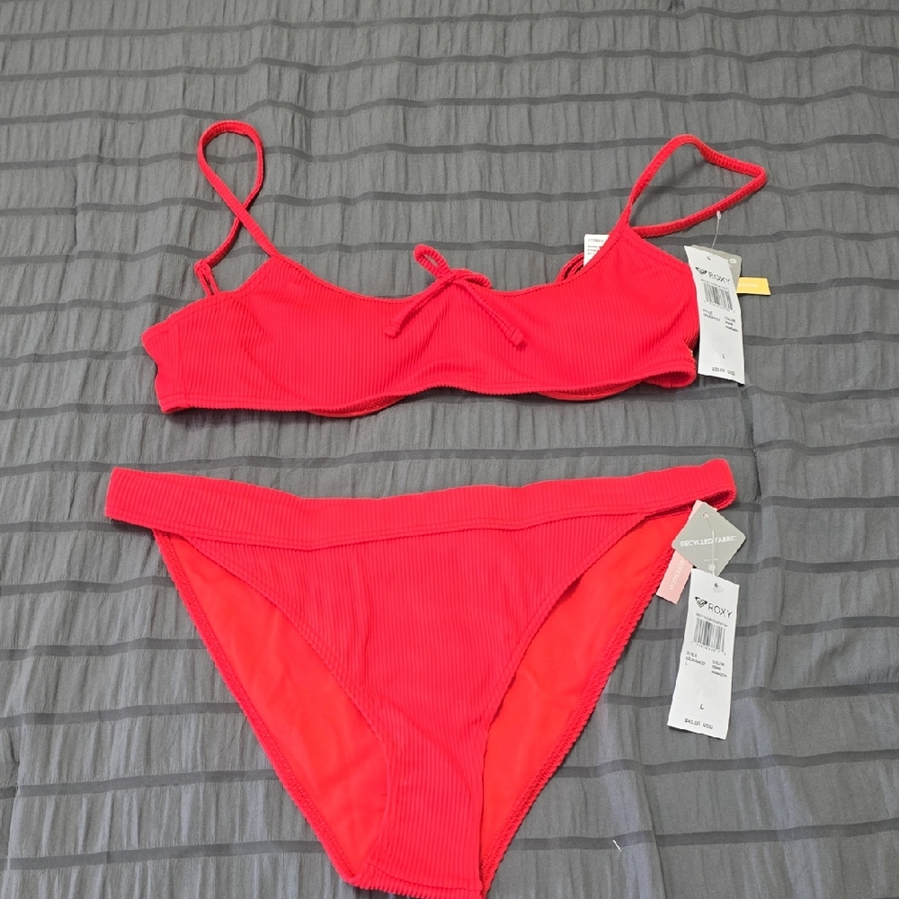 Roxy Women's Coral-Red Ribbed Two-Piece Bikini